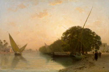 Francés: Canal Mahmoudieh en Alejandría de noche, Egipto