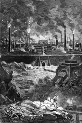 Dibujo de Leon Benett, del libro de Julio Verne "Los 500 millones de la Begum" - edición Hetzel/Extraordinary Voyages 1879. Vista de la "Ciudad del Acero", gigantesco conjunto de fábricas (altos hornos - fundiciones de acero).