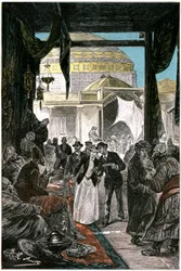 El bazar de Samarcanda (actualmente Samarcanda o Samarcanda en Uzbekistán), ilustración de la novela de Julio Verne "Claudius Bombarnac" edición Hetzel 1892 - Dibujo de Leon Benett (Hippolyte Leon Benet