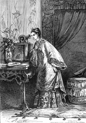 Dibujo de Leon Benett, del libro de Julio Verne "Las tribulaciones de un chino en China" - edición Hetzel/Viajes extraordinarios 1879. Una joven china escucha un mensaje grabado en un fonógrafo.
