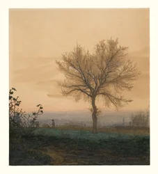 Paisaje con un árbol desnudo y un labrador