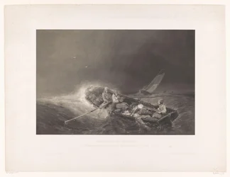 Vissers en een roeiboot op zee Marine gezichten (título de la serie) pinturas de la marina. Litografiada en mezzotinta por L. Sabatier según Eug. Isabey (título de la serie sobre el objeto)