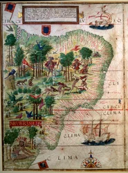 Mapa hidrográfico de Brasil. Manuscrito iluminado del "Atlas Náutico Portugués" del cartógrafo Loppo Homem 1519 París. B.N.