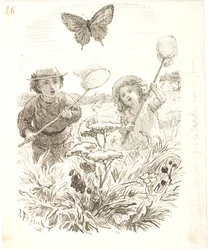 Los dos niños atrapando mariposas