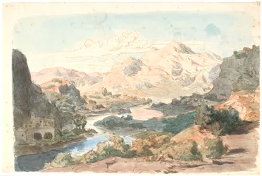 Escena de montaña italiana con río y un edificio a la izquierda