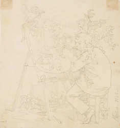 Pintor trabajando rodeado de elfos y otras criaturas
