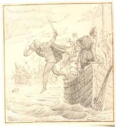 Olaf Tryggvesen saltando por la borda durante la batalla de Svolder