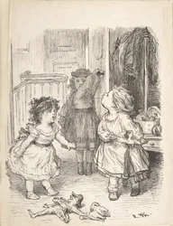 Tres niñas pequeñas en una habitación discutiendo y escupiendo, 1835-1903