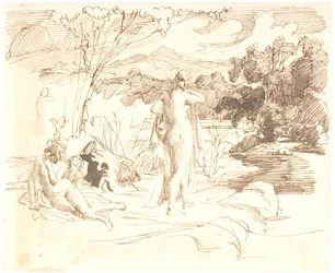 Tres mujeres bañándose en un lago