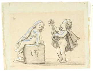 Viñeta con niño tocando mandolina para una niña