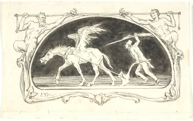Viñeta con un Pegaso agotado frente a un arado, impulsado por un hombre con sombrero alto, armado con una gran pluma