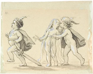 Viñeta con tres niños; niño corriendo y niño y niña abrazados