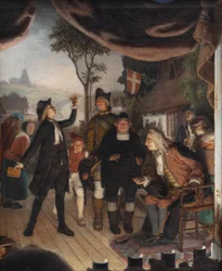 Ludvig Holberg asistiendo a un ensayo de su obra Erasmus Montanus, Acto IV, Escena 2
