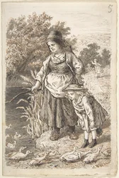 Mujer y niño junto a un estanque de patos