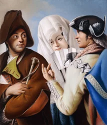 Un caballero con gorro frigio, al que se dirige un caballero con abrigo amarillo y sombrero tricorne negro, con una dama de vestido de brocado azul y mantilla blanca