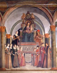 Virgen con el Niño con ángeles, de Lorenzo Costa (hacia 1537-1583), capilla del Bentivoglio en la iglesia de San Giacomo Maggiore, Bolonia, Italia