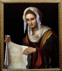Santa Verónica. El Santo Velo representa el rostro de Cristo, cuyo sudor se dice que Verónica secó durante la subida al Calvario. Pintura de Lorenzo Costa (1460-1535). Dimensiones: 0,64 x 0,54 m.