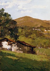 Granjas entre la vegetación (Prealpes de Biella), de Lorenzo Delleani (1840-1908), óleo sobre tabla, 44,9x30,7 cm