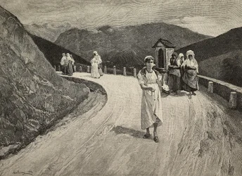 Camino sagrado, peregrina caminando por un sendero, Brera, Exposiciones Unidas, Milán, Italia, grabado de F. Cantagalli a partir de una pintura de Lorenzo Delleani (1840-1908), de L