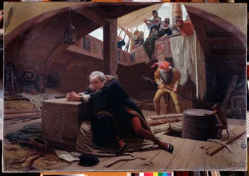 El explorador y navegante Cristóbal Colón (1451-1506) regresando de su tercer viaje encadenado en la bodega