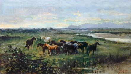 Caballos salvajes, hacia 1870, de Lorenzo Gelati (1824-1893), óleo sobre lienzo transferido sobre tabla, 21x37 cm
