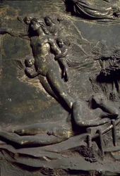 Creación de Eva de la costilla de Adán. (detalle) de la Puerta Oriental llamada Paraíso, talla