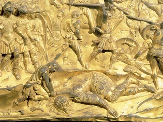 David y Goliat, detalle del panel original de las Puertas del Este del Baptisterio, 1425-52 (post restauración)