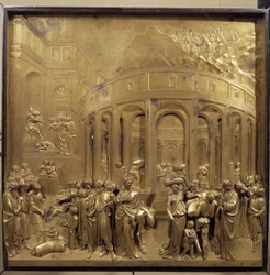 Historia de la vida de José. La cosecha de trigo: los campesinos traen los sacos de cereales. Panel original de la puerta del Paraíso