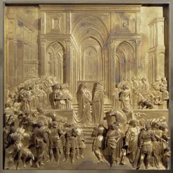 El encuentro del rey Salomón y la reina de Saba. Panel original de la puerta del Paraíso