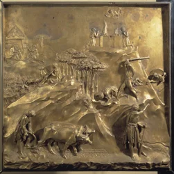 Vida de Caín y Abel: el sacrificio, el asesinato de Abel y Dios desterrando a Caín. Panel original de la puerta del Paraíso