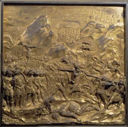 Vida de David y Goliat: una representación de la batalla entre los israelitas y los filisteos y la decapitación del gigante Goliat en el valle de Ela