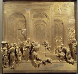 Vida de Jacob y Esaú: Esaú vende su primogenitura e Isaac bendice a Jacob. Panel original de la puerta del Paraíso