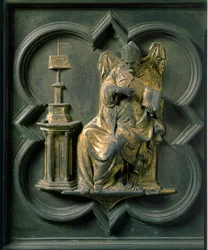Puerta Norte (llamada Puerta de la Cruz, al Norte), detalle exterior: San Agustín. Escultura de bronce realizada por Lorenzo Ghiberti (1378-1455)