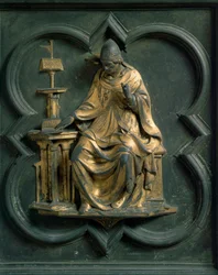 Puerta Norte (llamada Puerta de la Cruz, al norte), detalle exterior: San Gregorio el Grande. Escultura de bronce hecha por Lorenzo Ghiberti (1378-1455)