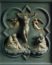 Puerta norte (llamada Puerta de la Cruz, en el norte), detalle exterior: la crucifixión. Escultura de bronce hecha por Lorenzo Ghiberti (1378-1455)