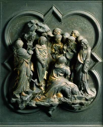Puerta Norte (llamada Puerta de la Cruz, al Norte), detalle exterior: la resurrección de Lázaro. Escultura de bronce realizada por Lorenzo Ghiberti (1378-1455)