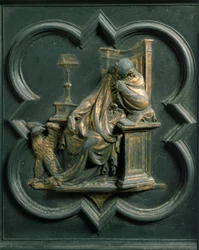 Puerta norte (llamada Puerta de la Cruz, en el norte), detalle exterior: San Juan Evangelista. Escultura de bronce hecha por Lorenzo Ghiberti (1378-1455)
