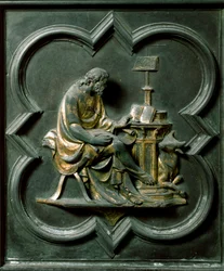 Puerta Norte (llamada Puerta de la Cruz, al norte), detalle exterior: San Lucas evangelista. Escultura de bronce hecha por Lorenzo Ghiberti