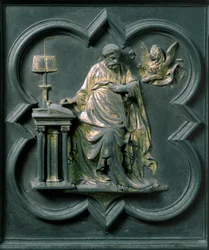 Puerta norte (llamada Puerta de la Cruz, en el norte), detalle exterior: San Marcos. Escultura de bronce hecha por Lorenzo Ghiberti (1378-1455)