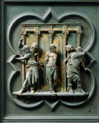 Puerta norte (llamada Puerta de la Cruz, en el norte), detalle exterior: la flagelación. Escultura de bronce hecha por Lorenzo Ghiberti (1378-1455)