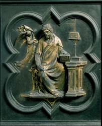 Puerta Norte (llamada Puerta de la Cruz, al Norte), detalle exterior: San Mateo. Escultura de bronce de Lorenzo Ghiberti (1378-1455)