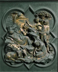 Puerta Norte (llamada Puerta de la Cruz, al Norte), detalle exterior: la Natividad. Escultura de bronce realizada por Lorenzo Ghiberti (1378-1455)