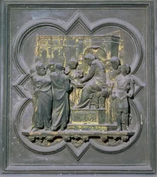 Poncio Pilato lavándose las manos antes de Cristo, decimosexto panel de las Puertas Norte del Baptisterio de San Giovanni, 1403-24