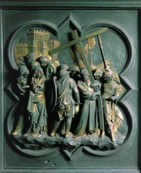 Porte Nord (llamada Porte de la Croix, en el Norte), detalle exterior: "La Subida al Calvario" Escultura de bronce hecha por Lorenzo Ghiberti (1378-1455)