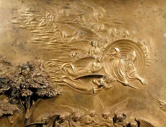 La historia de Adán, (detalle) de Dios el Padre con Ángeles, de uno de los paneles originales de las Puertas del Este del Baptisterio