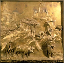 La historia de Caín y Abel: El sacrificio, el asesinato de Abel y Dios desterrando a Caín, panel original de las Puertas del Este del Baptisterio (post restauración)