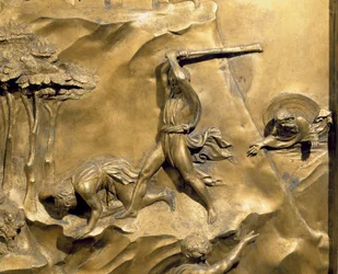 La historia de Caín y Abel, detalle del asesinato de Abel (post restauración)