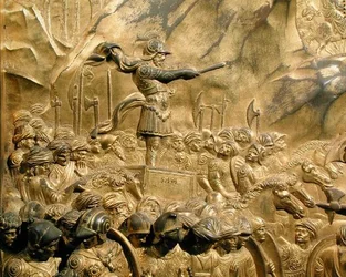 La historia de David y Goliat, detalle de Saúl, del panel original de las Puertas del Este del Baptisterio