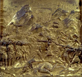 La historia de David y Goliat, uno de los diez paneles de relieve de las Puertas del Paraíso (puertas este), 1425-52