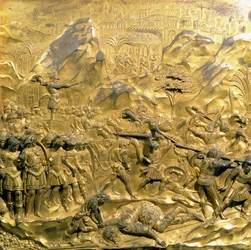 La historia de David y Goliat, panel original de las Puertas del Este del Baptisterio, 1425-52 (post restauración)